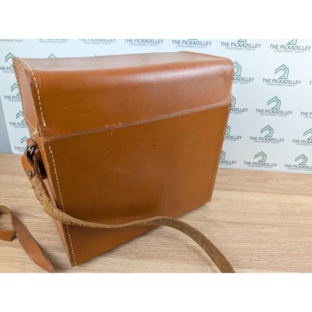 Vintage Polaroid Tan Leather Camera Case Box Bag Adjustable Strap Gold Hardware